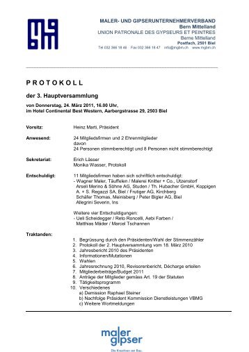 protokoll - Maler- und Gipserunternehmerverbandes Bern Mittelland