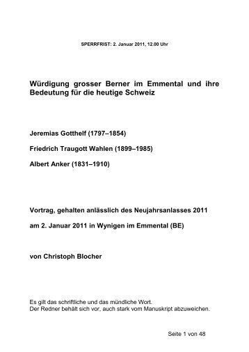 Würdigung grosser Berner im Emmental und ... - Christoph Blocher