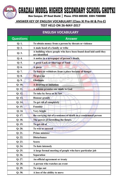 Keys English Vocablury Test Result 26-05-2017