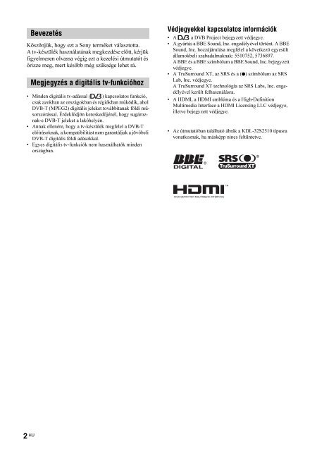 Sony KDL-46S2510 - KDL-46S2510 Mode d'emploi Hongrois