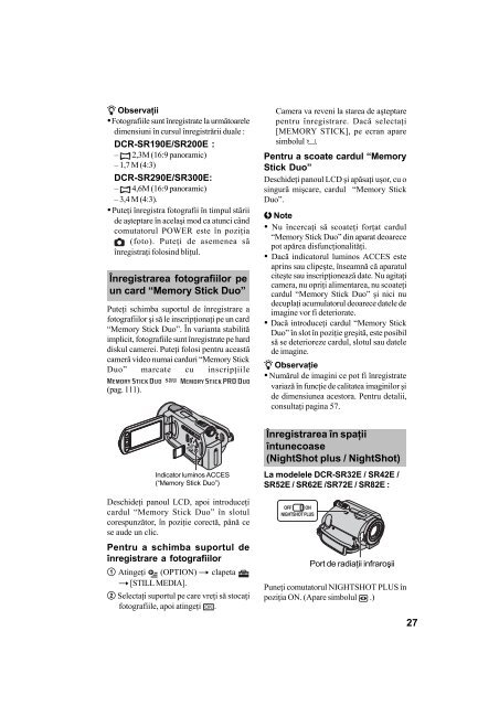 Sony DCR-SR32E - DCR-SR32E Mode d'emploi Roumain