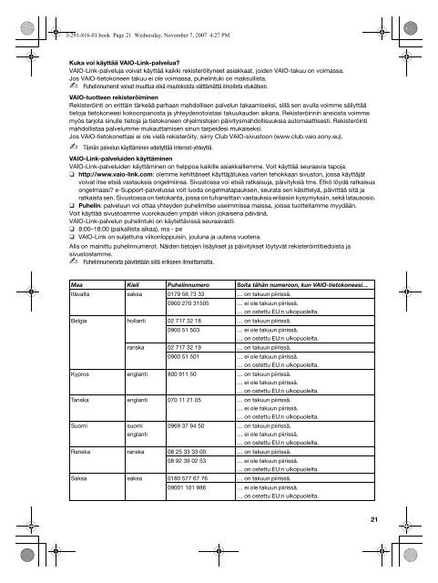 Sony VGN-FZ31E - VGN-FZ31E Documents de garantie Finlandais