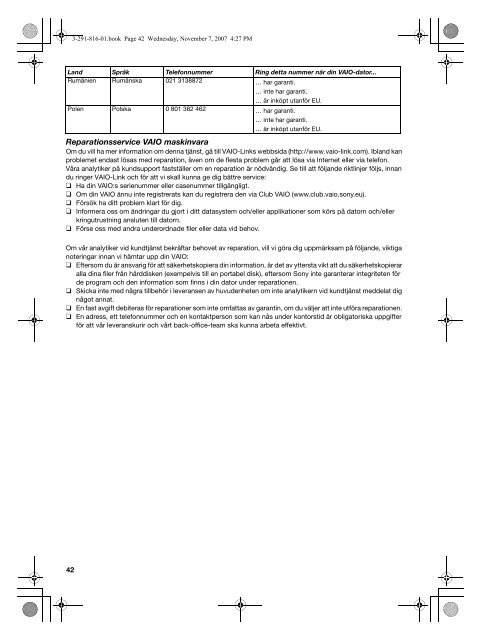 Sony VGN-FZ31E - VGN-FZ31E Documents de garantie Su&eacute;dois