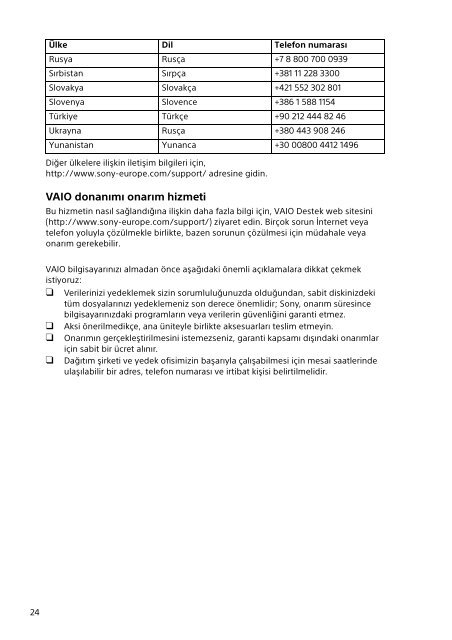 Sony SVS1313X9R - SVS1313X9R Documents de garantie Turc