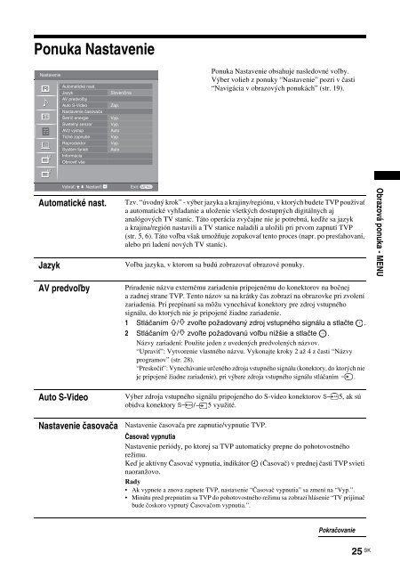 Sony KDL-26S2030 - KDL-26S2030 Mode d'emploi Slovaque