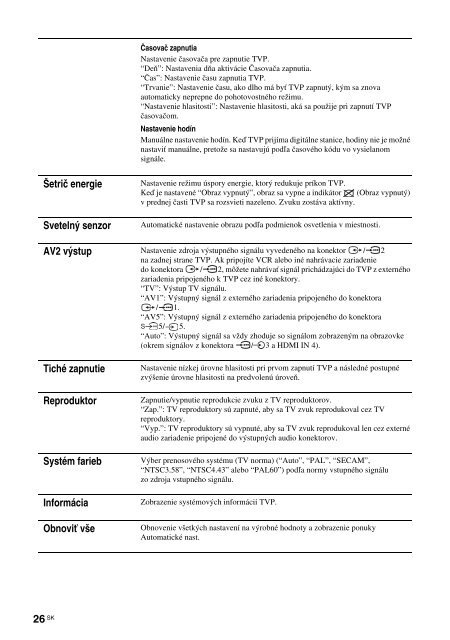 Sony KDL-26S2030 - KDL-26S2030 Mode d'emploi Slovaque