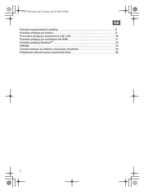 Sony VGN-NS11ER - VGN-NS11ER Documents de garantie Tch&egrave;que