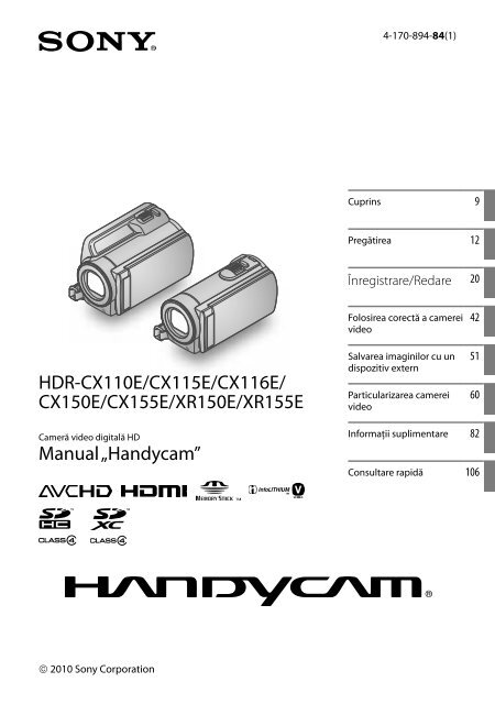 Sony HDR-CX116E - HDR-CX116E Consignes d&rsquo;utilisation Roumain