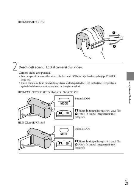 Sony HDR-CX116E - HDR-CX116E Consignes d&rsquo;utilisation Roumain