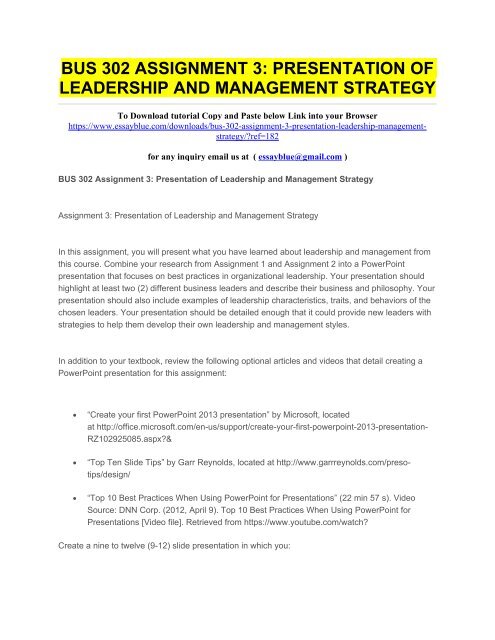 bus 302 assignment 3 presentation of leadership leadership presentation