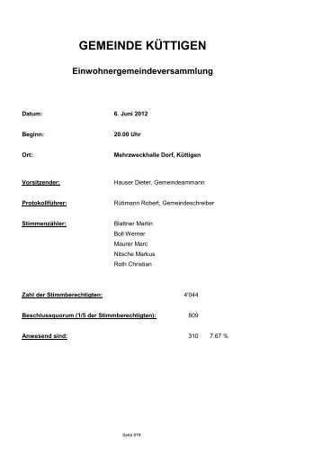 Protokoll der Einwohnergemeindeversammlung - Gemeinde Küttigen