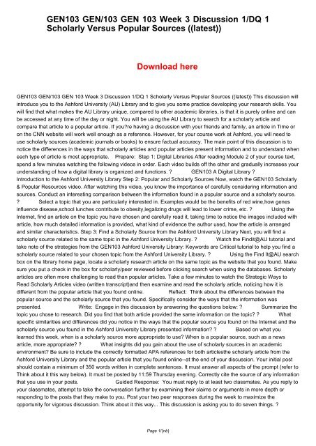 GEN103 GEN103 GEN 103 Week 3 Discussion 1DQ 1 Scholarly Versus Popular ...
