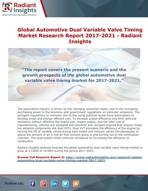 Global Automotive Dual Variable Valve Timing Market Research Report 2017-2021 -Radiant Insights