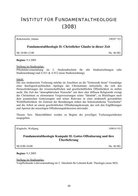 2005 - StudienServiceCenter Katholische Theologie - Universität Wien