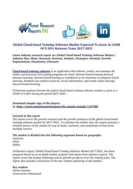 Global Cloud-based Training Software Market Expected To Grow At CAGR Of 9.20% Between Years 2017-2021