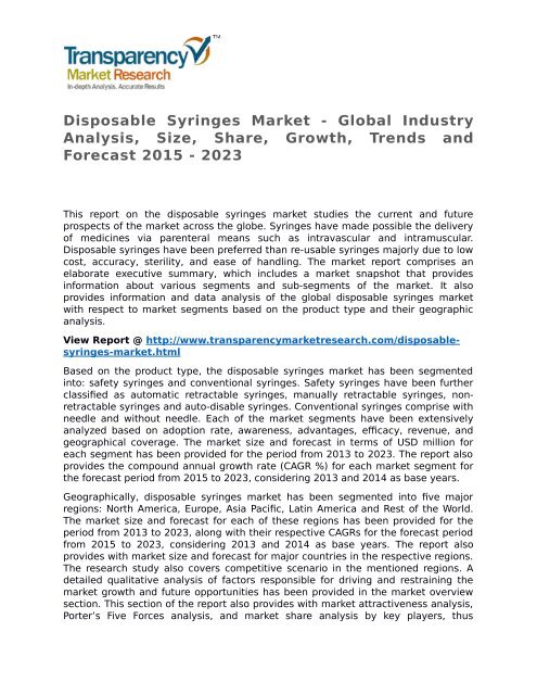 Disposable Syringes Market - Global Industry Analysis, Size, Share, Growth, Trends and Forecast 2015 - 2023