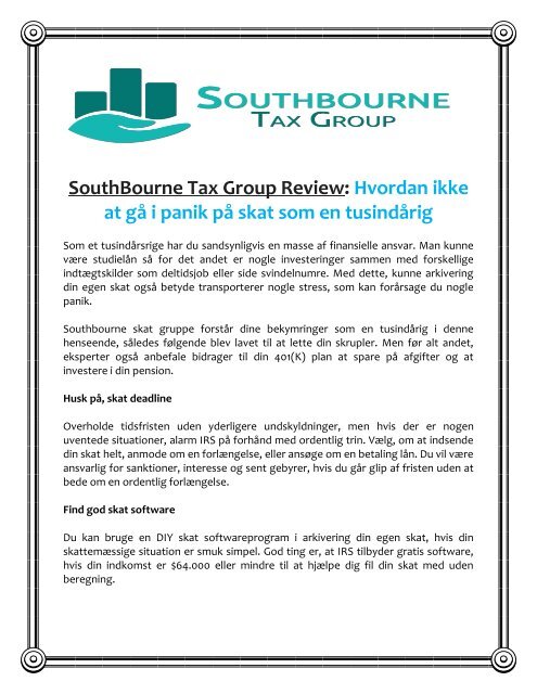 SouthBourne Tax Group Review Hvordan ikke at gå i panik på skat som en tusindårig
