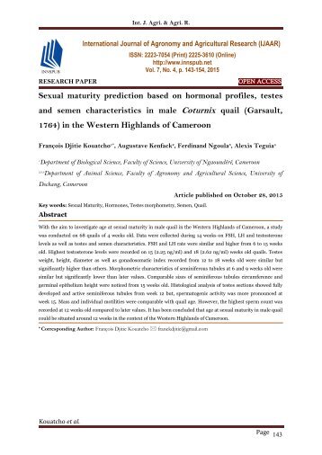 Sexual maturity prediction based on hormonal profiles, testes and semen characteristics in male Coturnix quail (Garsault, 1764) in the Western Highlands of Cameroon