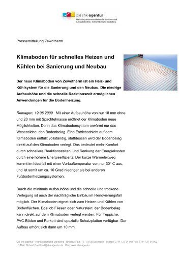 Klimaboden für schnelles Heizen und Kühlen bei ... - Zewotherm