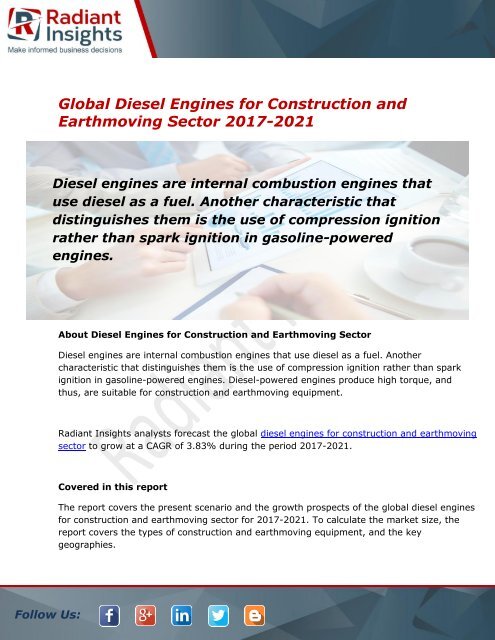 Global Diesel Engines for Construction and Earthmoving Sector Market and Forecast Report to 2021:Radiant Insights, Inc