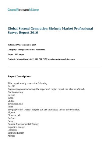 Global Second Generation Biofuels Market Professional Survey Report 2017