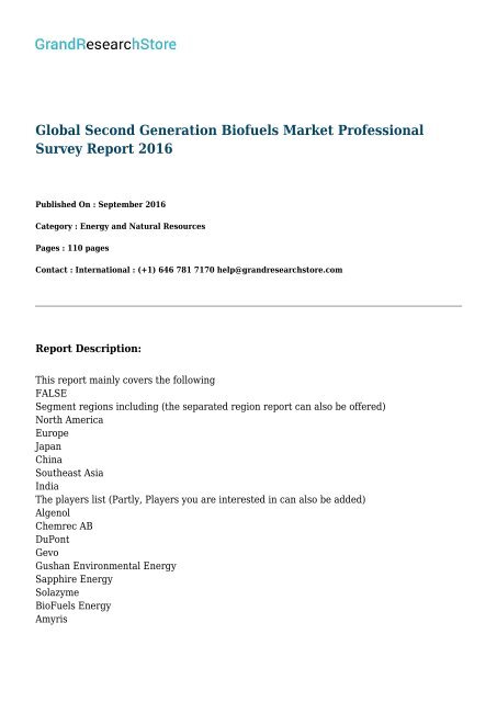 Global Second Generation Biofuels Market Professional Survey Report 2017