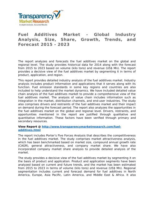 Fuel Additives Market - Global Industry Analysis, Size, Share, Growth, Trends, and Forecast 2015 - 2023