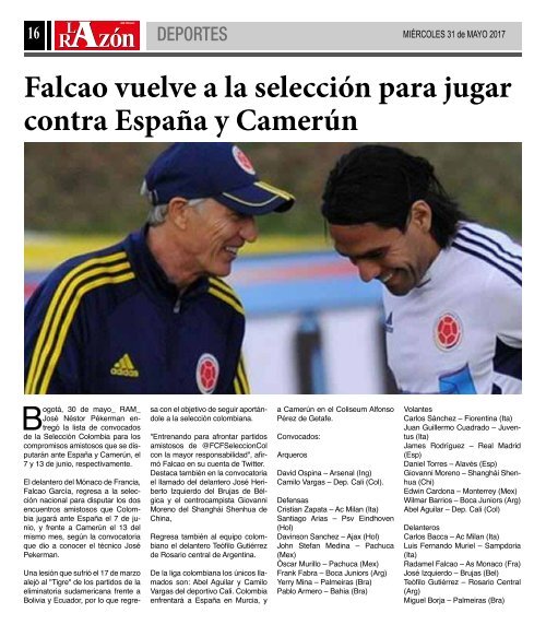 Diario La Razón de Cali, miércoles 31 de mayo de 2017