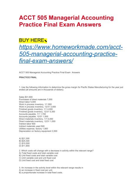 ACCT 505 Managerial Accounting Practice Final Exam Answers
