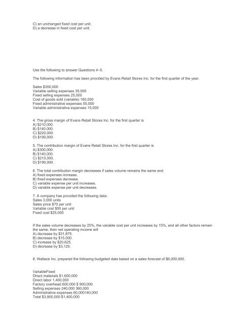 ACCT 505 Managerial Accounting Practice Final Exam Answers