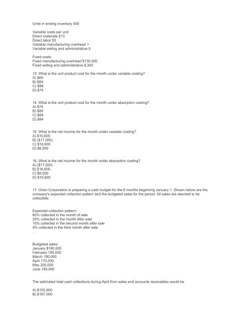 ACCT 505 Managerial Accounting Practice Final Exam Answers