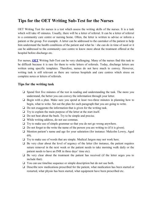 Tips For Oet Writing Sub Test For The Nurses