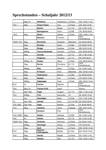 Sprechstunden – Schuljahr 2012/13