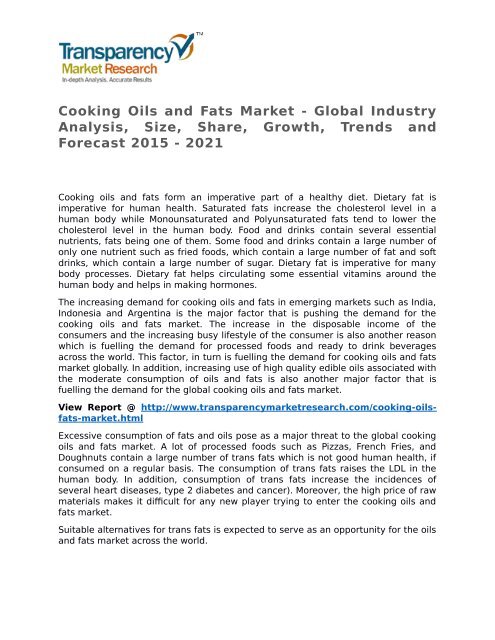 Cooking Oils and Fats Market - Global Industry Analysis, Size, Share, Growth, Trends and Forecast 2015 - 2021