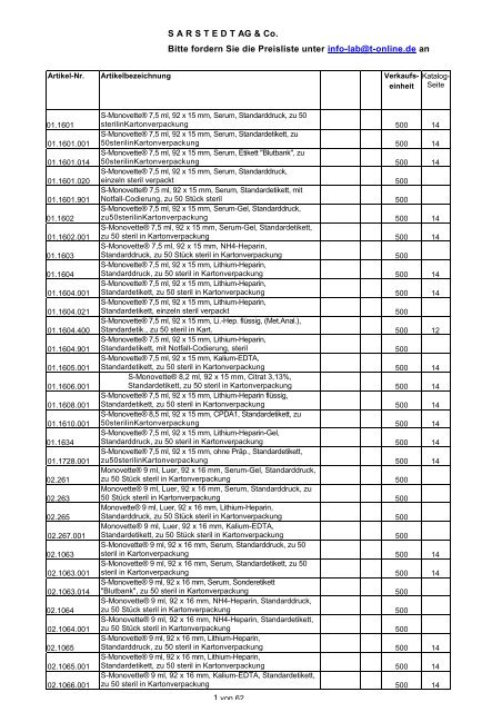 S A R S T E D T AG & Co. Bitte fordern Sie die Preisliste unter info ...