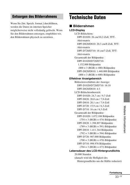 Sony DPF-D810 - DPF-D810 Consignes d&rsquo;utilisation Allemand