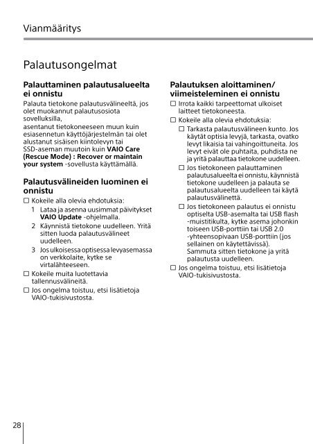 Sony SVE14A3V2R - SVE14A3V2R Guide de d&eacute;pannage Finlandais