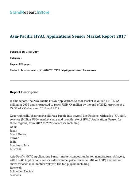 Asia-Pacific HVAC Applications Sensor Market Report 2017