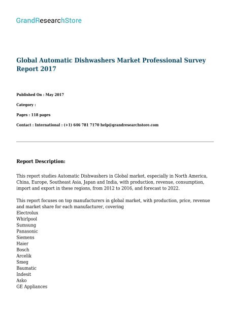 Global Automatic Dishwashers Market Professional Survey Report 2017