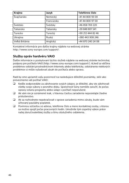 Sony SVJ2022M1E - SVJ2022M1E Documents de garantie Slovaque