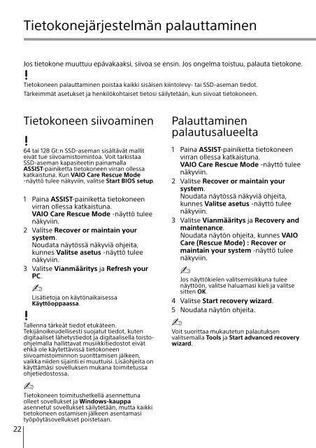 Sony SVJ2022M1E - SVJ2022M1E Guide de d&eacute;pannage Finlandais