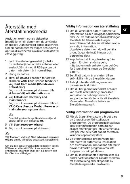 Sony SVJ2022M1E - SVJ2022M1E Guide de d&eacute;pannage Su&eacute;dois