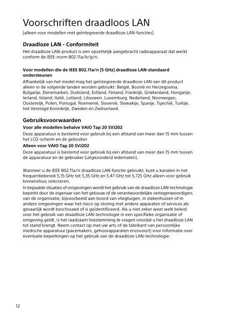 Sony SVT1312V1E - SVT1312V1E Documents de garantie N&eacute;erlandais