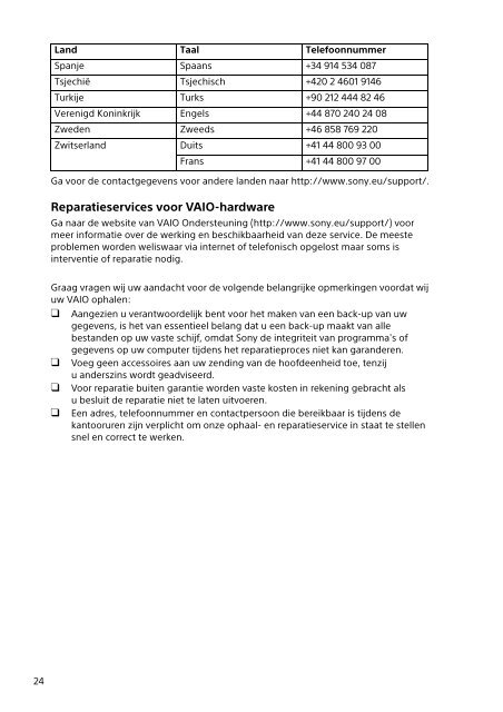 Sony SVT1312V1E - SVT1312V1E Documents de garantie N&eacute;erlandais