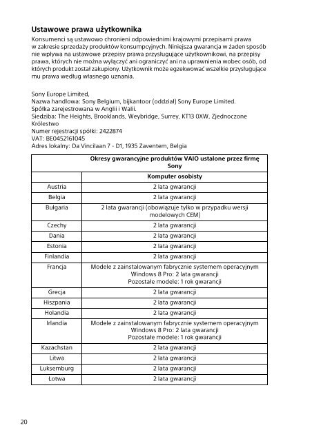 Sony SVT1312V1E - SVT1312V1E Documents de garantie Roumain