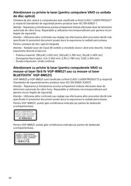 Sony SVT1312V1E - SVT1312V1E Documents de garantie Roumain