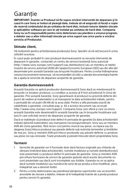 Sony SVT1312V1E - SVT1312V1E Documents de garantie Roumain