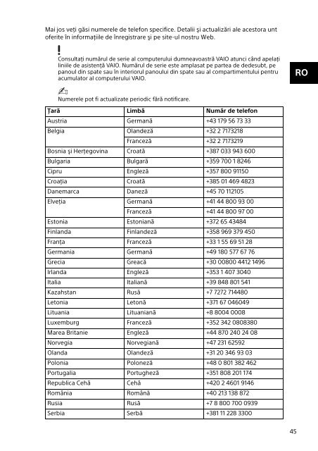 Sony SVT1312V1E - SVT1312V1E Documents de garantie Roumain