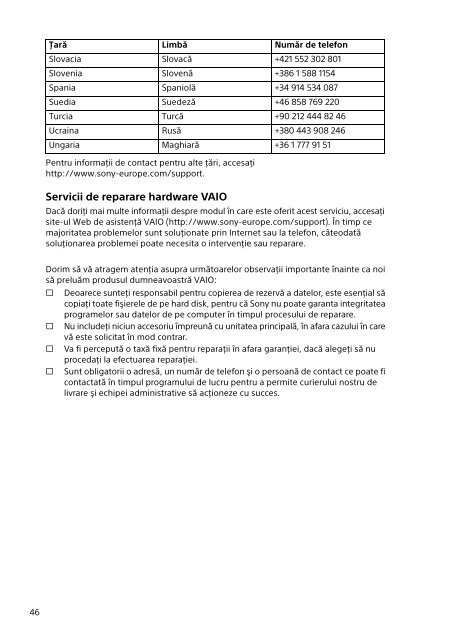 Sony SVT1312V1E - SVT1312V1E Documents de garantie Roumain