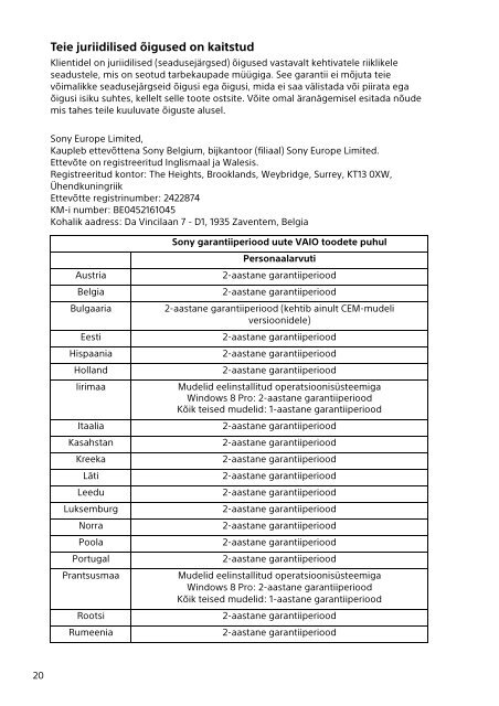 Sony SVT1312V1E - SVT1312V1E Documents de garantie Estonien